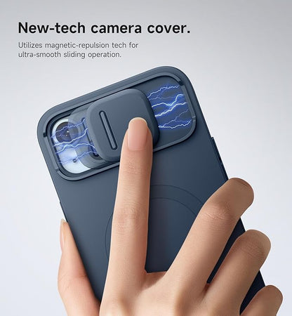 SURITCH for iPhone 14 Plus/15 Plus Case with Magnetic Camera Slide Cover and Adjustable Kickstand, Compatible with MagSafe, Shockproof Bumper Case Slim Protective Cover 6.7 Inch, Blue
