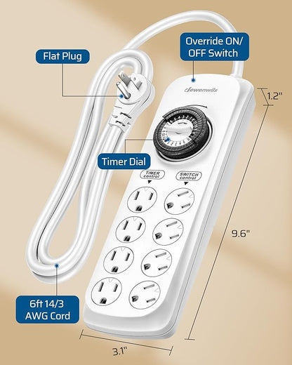 DEWENWILS Mechanical Timer Power Strip with 8 Outlets, Flat Plug, 6ft Long Cord, Overload Protection, Indoor Timer for, Bearded Dragon Tanks, Aquarium, Grow Lights, Plants, Reptile Light, UL Listed