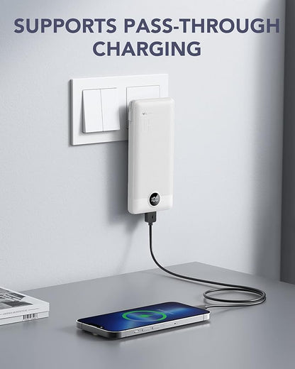 VRURC Portable Charger,Power Bank Built-in Cables and AC Wall Plug, USB C Portable Bank 10000mAh, Travel Essentials Phone Charger Compact External Battery Pack for Smart Phones, Tablets etc-White