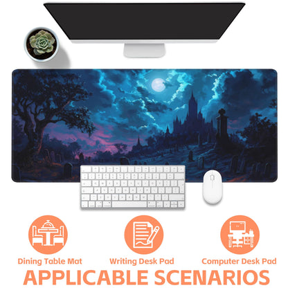 NIYLYNSYN Mouse Pad Large Gothic Graveyard Non-Slip Game Desk Mat with Stitched Edge Laptop Keyboard Desk Pad for Work Home Gaming (35.4 x 15.7 Inches)