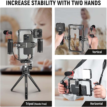 NEEWER Smartphone Video Rig with Neck Strap/Dual Handle/Lavalier Mic Clip Slot Compatible with SmallRig Video Recording Phone Cage Stabilizer for iPhone 16 15 Pro Max Galaxy S23 Pixel 8 Pro, PA009S