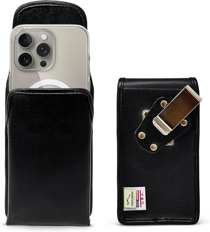 Turtleback Belt Clip for iPhone 16 Pro, 16e, 15 pro 14 Pro 13 Pro -Small- Fits w/Slim MagSafe Style Cases - Premium Black Leather, Vertical Belt Holder, Magnetic Closure, HD Rotating Belt Clip
