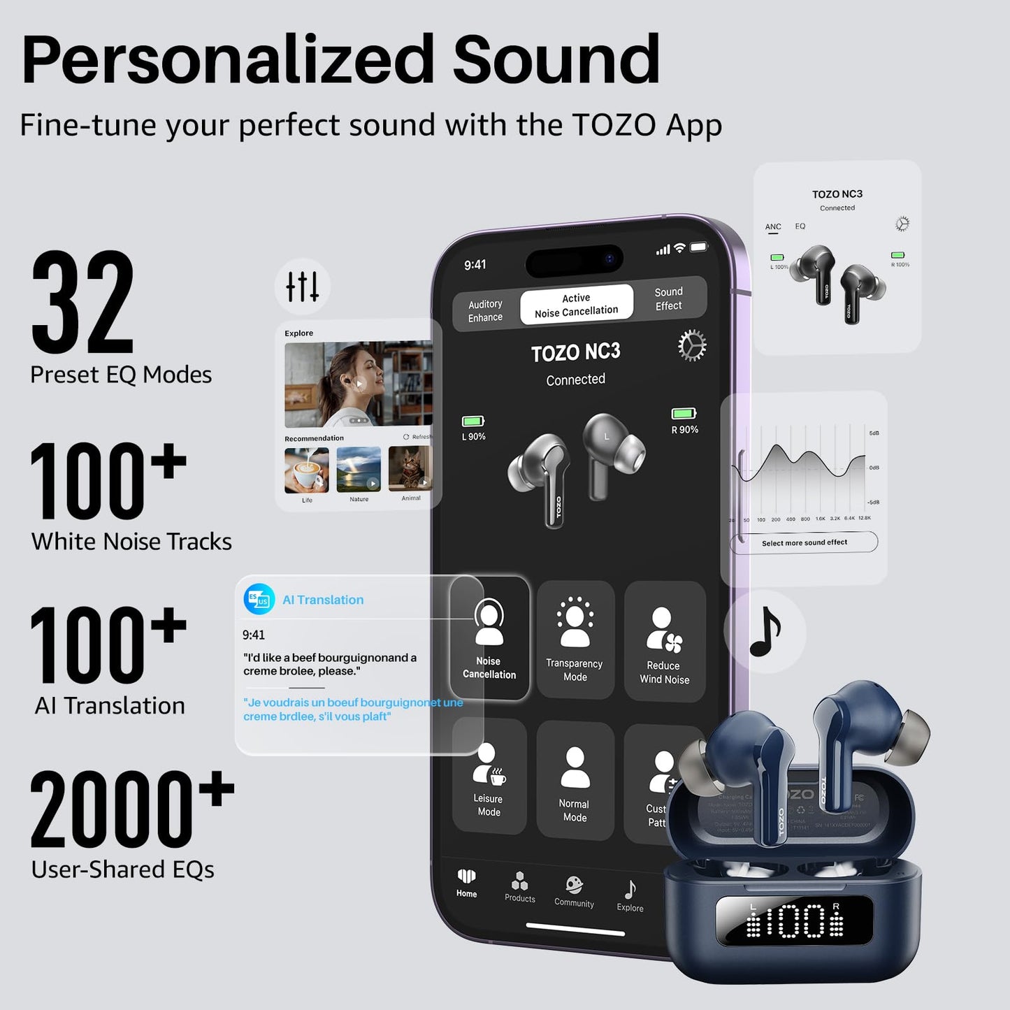 TOZO Hybrid Active Noise Cancelling in Ear Wireless Earbuds, 68H Playtime