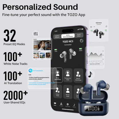 TOZO Hybrid Active Noise Cancelling in Ear Wireless Earbuds, 68H Playtime