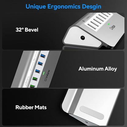 Powered USB Hub 10Gbps, Aluminum 7 Port USB 3.2 Data Hub with 4 USB 3.2 Gen 2 Ports, 3 Fast Charging Ports, 30W Power Adapter, Type A & C Cable for Mac, PC, Laptop