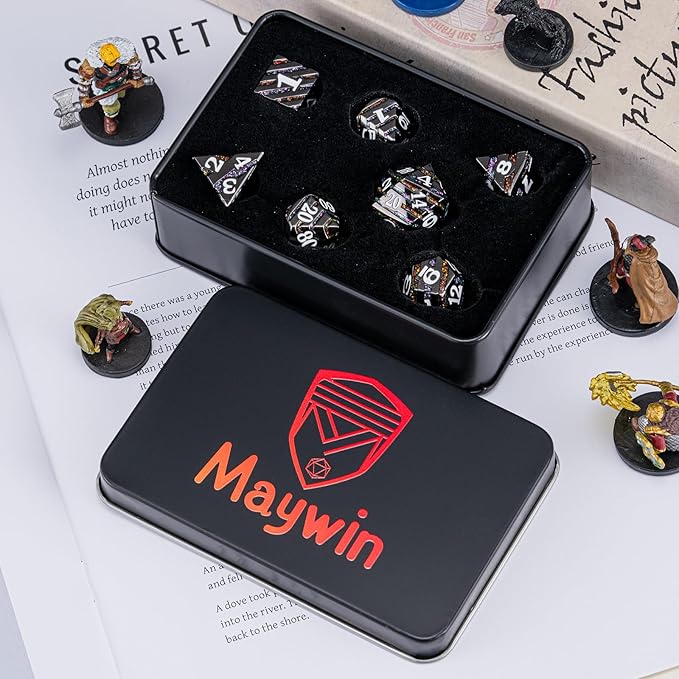 Maywin Inlay Metal Dice Set 7pcs – Heavy Zinc Alloy DND & RPG Dice for Tabletop Games