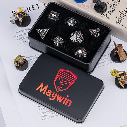 Maywin Inlay Metal Dice Set 7pcs – Heavy Zinc Alloy DND & RPG Dice for Tabletop Games