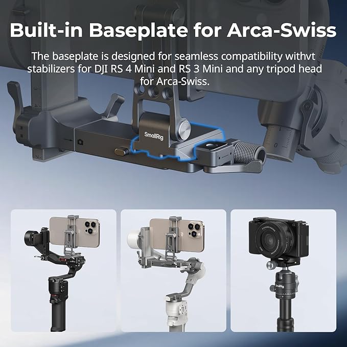 SMALLRIG Metal Phone Mount with Baseplate for Arca-Swiss,Compatible for DJI RS 4 Mini & RS 3 Mini, Cell Phone Mount Adapter Support Free Adjustment Joints, Phone Tripod Mount for iPhone 16 15-5338