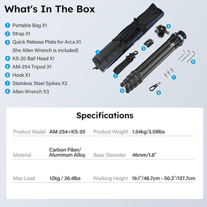 SIRUI 50.2" Carbon Fiber Travel Tripod, Compact Professional Camera Trippod with Low Profile Ball Head, Quick Release System, Load Up to 26.5lbs/12kg, AM-254+KS-20