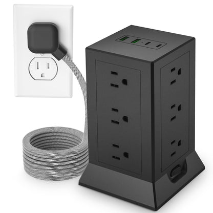 Power Strip Tower with Multiple Outlets 16.5 Ft Extension Cord Flat Plug with 12 AC Outlets 4 USB Ports (2 USB C), Power Tower Surge Protector with Individual Switches for Home Office Dorm Room, Black