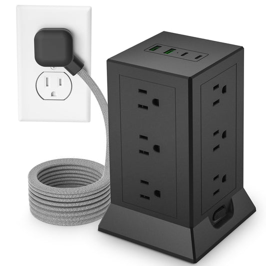 Power Strip Tower with Multiple Outlets 16.5 Ft Extension Cord Flat Plug with 12 AC Outlets 4 USB Ports (2 USB C), Power Tower Surge Protector with Individual Switches for Home Office Dorm Room, Black