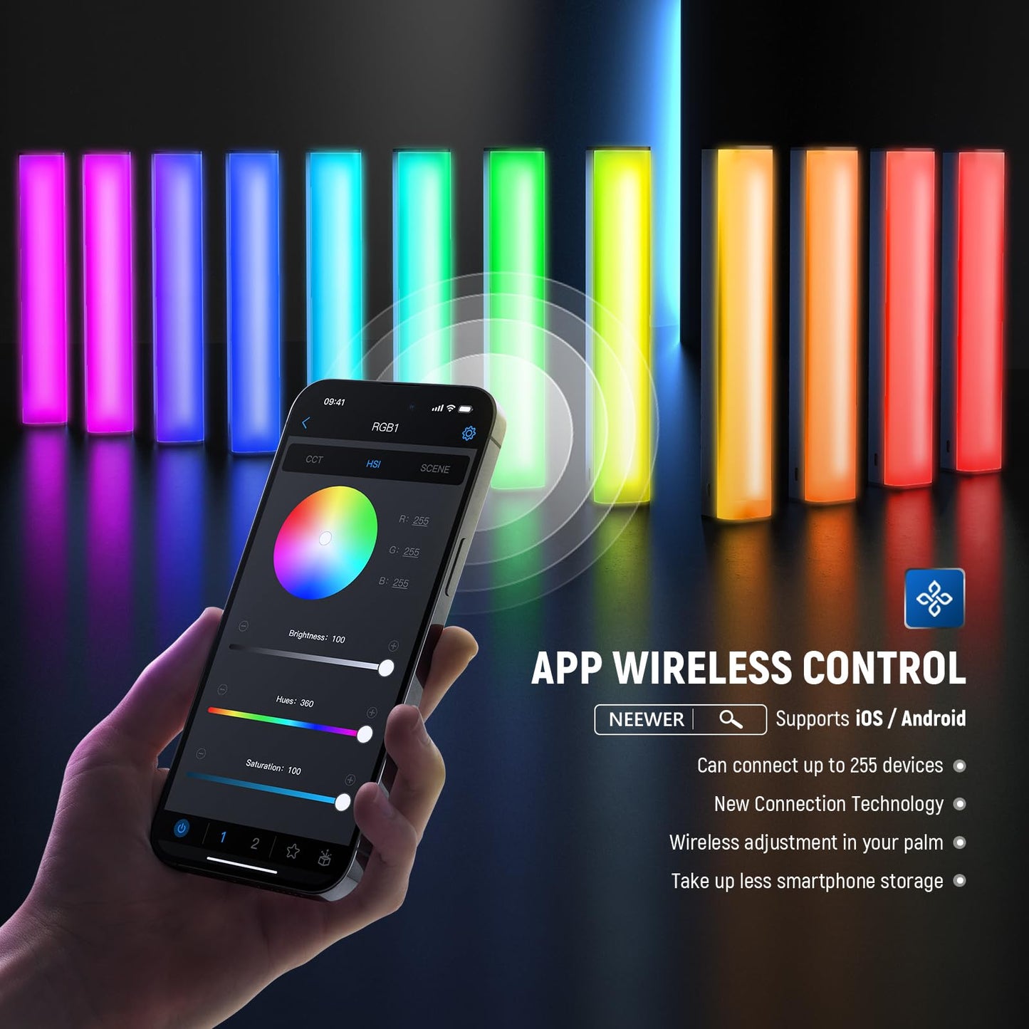 NEEWER RGB1 LED Tube Light Stick with Metal Barndoor, Handle, Touch Bar/APP Control, Magnetic Handheld RGB Video Light, 3200K-5600K CRI98+ Dimmable Photography Lighting with 6400mAh Battery, 17 Scenes