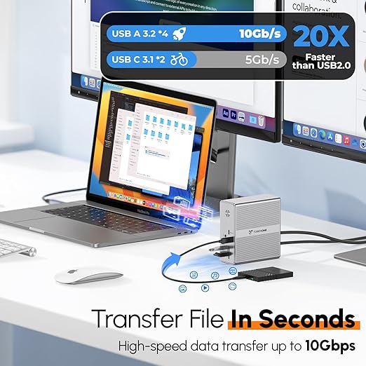 TobenONE DisplayLink Docking Station Triple Monitor with 120W Power Adapter, Triple 4K Display for MacBook Pro/Air, Thunderbolt 4/3, USB-C Windows(3X HDMI, 3X DP, 2xUSB-C, 4xUSB 3.2, SD/TF)