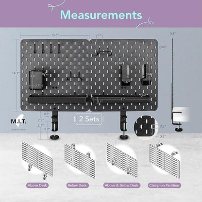 EHO Clamp-On Desk Pegboard, 2Pack (Combined Size 27 x 14 inch) Privacy Divider, Desk Partition Panel, No-Drill Desk Mounted Peg Board Organizer for Office, Gaming, Home, Black