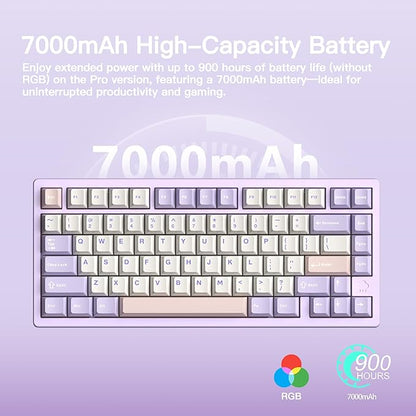 KEEBMONKEY WOBKEY Rainy 75 CNC Aluminum HMX/JWK/Cocoa Switches Triple-Mode Connectivity Mechanical Keyboard with Superior Acoustics, RGB/FR4/Silver SUS304/7000mAh/Cocoa Switch (Pro - Purple)