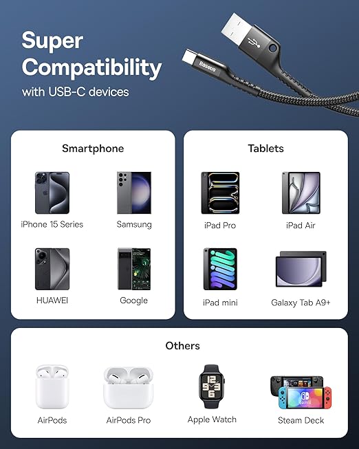 Baseus USB Type C Cable for Car, 2-Pack 3.3ft 100W Retractable Coiled USB A to USB C Fast Charger Cord, Nylon Braided Carplay Cable Compatible with iPhone15/Pro/Plus/Pro Max, Galaxy S24 S23, Note 20