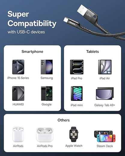 Baseus USB Type C Cable for Car, 2-Pack 3.3ft 100W Retractable Coiled USB A to USB C Fast Charger Cord, Nylon Braided Carplay Cable Compatible with iPhone15/Pro/Plus/Pro Max, Galaxy S24 S23, Note 20