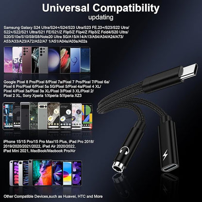 Samsung Galaxy S25 Headphone Adapter, 2 in 1 USB C to 3.5mm Aux Audio Jack with 60W Fast Charging Dongle Cable for Galaxy S25 S24 S23 Ultra A17 A56 A16 A15 A14 A54 iPhone 17 16 15 Pro Max Pixel 10 9 8