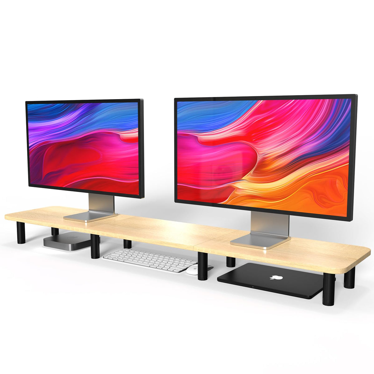 WEGASTU 43.7" Extra Long Dual Monitor Stand Riser, Wood & Steel Monitor Stand for 2 Monitors, Wide TV Stand, Desktop Riser for Desk Organization, Home Office，Laptop,Printer,TV (Black)