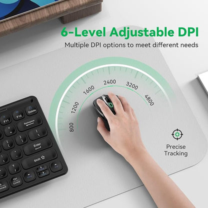 Bluetooth Mouse (BT5.0/3.0 & 2.4G) Rechargeable Wireless Mouse, 4800 DPI Optical Tracking, 6 Adjustable DPI, 2.4GHz with USB A Receiver, Quiet Clicks, Ergonomic Grips, 6 Buttons - Black