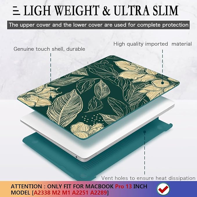 CISSOOK Compatible with MacBook Pro 13 inch Case 2025-2016 Release M2 M1 A2338 A2251 A2289 A2159 A1989 A1706, Plastic Hard Shell Case & Keyboard Cover & Screen Protector, Elegant Floral
