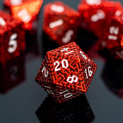 Red Metal Hollow DND Dice Set (Barbarian) Metallic Luster Maze Design with Storage Box - Balanced Weight 7 Piece Zinc Alloy, Designed for Dungeons and Dragons DM and Player RPG Accessories