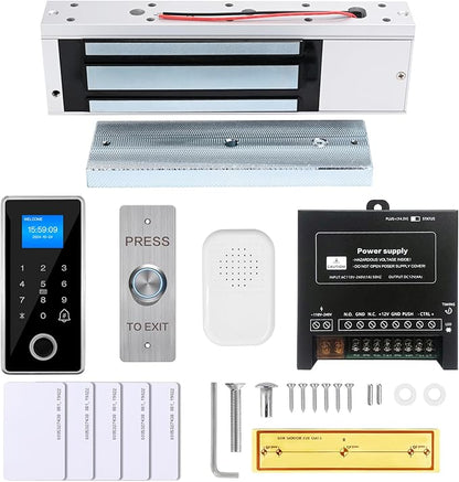 Waterproof Electric Magnetic Fingerprint Door Access Control Kit - 1200 lb Holding Force, RFID Keypad/Reader, 5 ID Cards, 110V Power Supply & Metal Exit Button - Secure Lock System (K5EM-1200LB KIt)