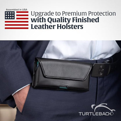 Turtleback Belt Holder for iPhone 16 Pro, 16e, 15 pro 14 Pro 13 Pro -Medium- Fits w/Shockproof Commuter Style Cases, Premium Black Leather Horizontal Case, Magnetic Closure, Leather Wrapped Clip