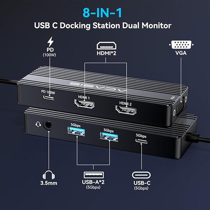 ACASIS USB C Docking Station Dual Monitors,8-in-1 Laptop Docking Station with Dual HDMI +VGA +3 * 5G USB-A/C+3.5MM Audio+PD100W, USB C HUB multiport Adapter for Dell/HP/Lenovo ThinkPad（Black）