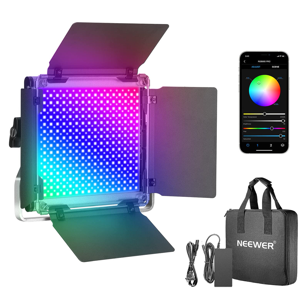 NEEWER RGB1200 RGB LED Video Light Panel with APP/2.4G Control, 60W Studio Photography Lighting 22000Lux@0.5m/1% Precise Min Dimming/360° Full Color/ CRI97+/TLCI98+/2500K-8500K/18 Effect with Barndoor
