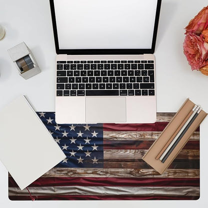 Large Gaming Mouse Pad for Desk,Wooden American Flag Desk Mat,Wooden USA Flag Desk Pad,Extended Big Computer Keyboard Mouse Pad with Non-Slip Base and Stitched Edge,35.4"x15.7"