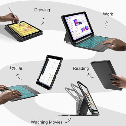 Touch for iPad 9th/8th/7th Generation Case with Keyboard 10.2 Inch, Multi-Touch Trackpad, 7 Color Backlit, Detachable Magnetic Folio Cover with Pencil Holder for iPad Air 3rd Gen/iPad Pro 10.5" Black