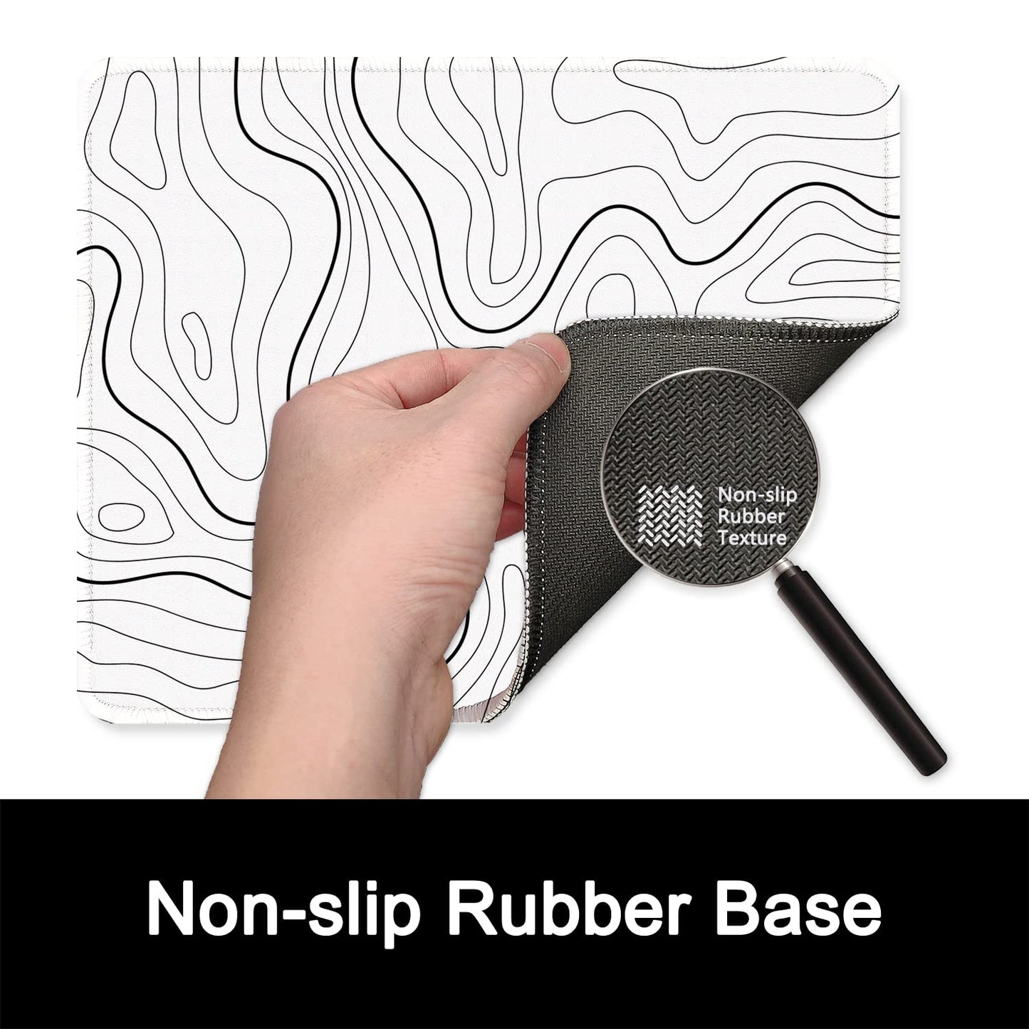 ITNRSIIET Mouse Pad with Stitched Edge Premium Textured Smooth Precise Operation Waterproof Washable Non-Slip Rubber Base Desktop Protection Mat, 10.2×8.3×0.12 inches, Topographic Contour White