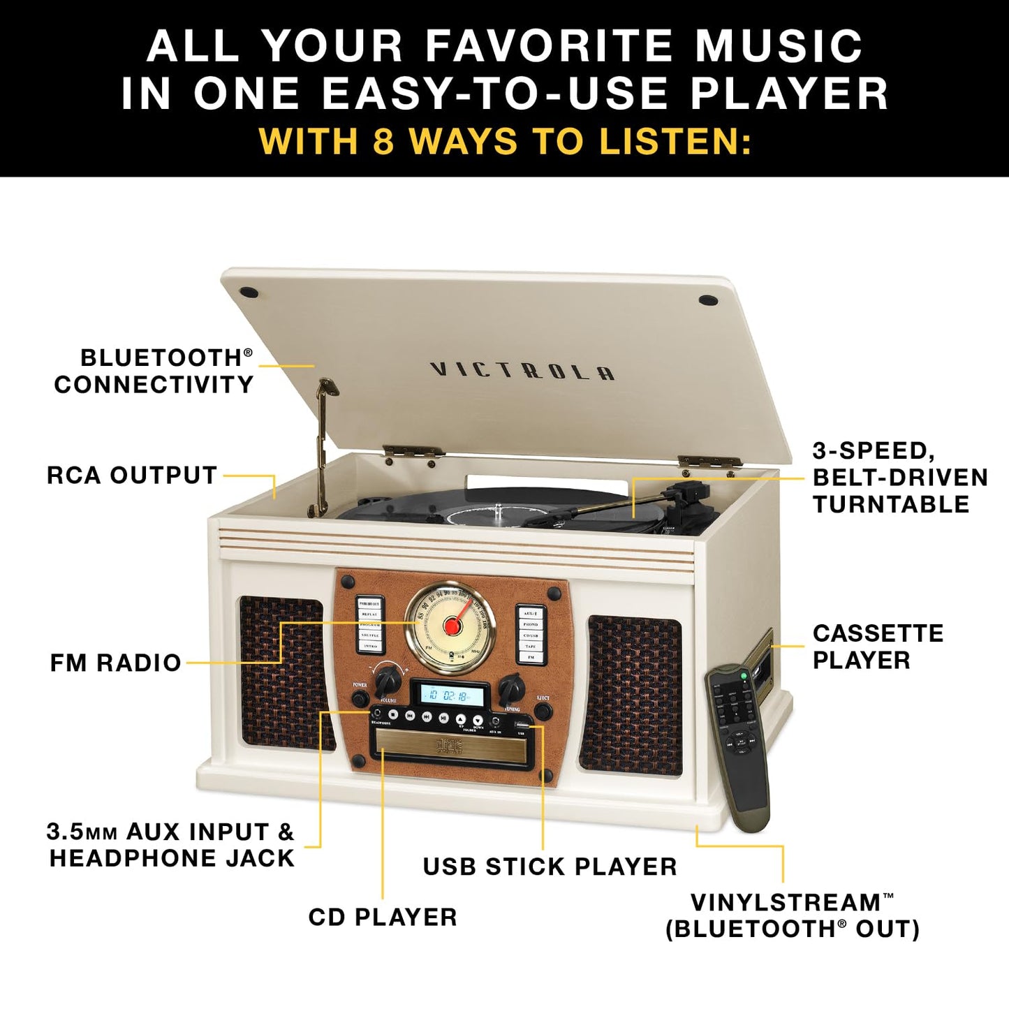 Victrola Navigator - 8-in-1 Bluetooth Record Player - Black