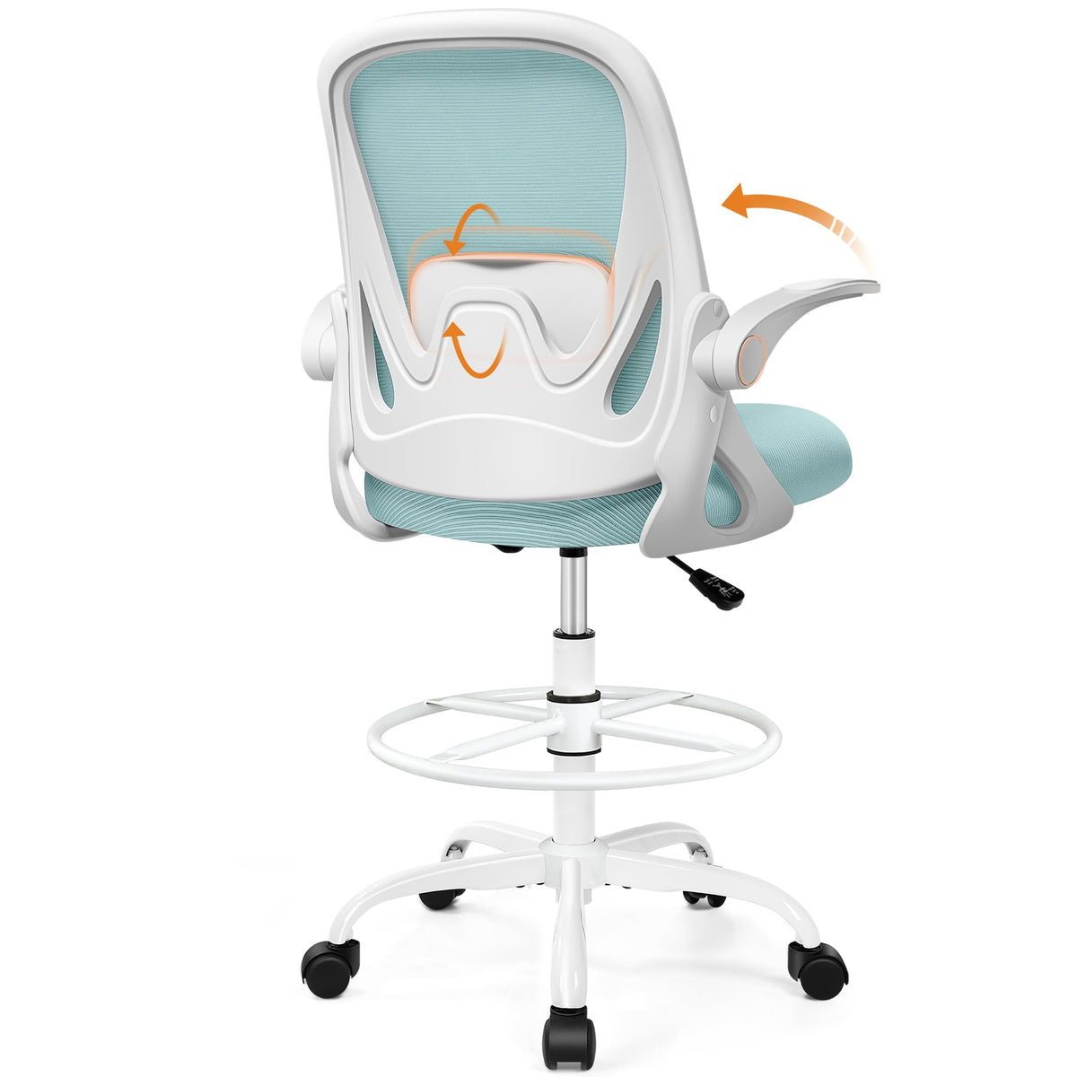 Drafting Chair Tall Office Chair with Flip-up Armrests, Adjustable Height, and Enhanced Lumbar Support - Ergonomic Rolling Stool, Back Support, and Adjustable Foot Rest Ring Light Blue