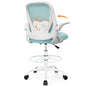 Drafting Chair Tall Office Chair with Flip-up Armrests, Adjustable Height, and Enhanced Lumbar Support - Ergonomic Rolling Stool, Back Support, and Adjustable Foot Rest Ring Light Blue