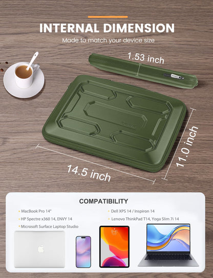 DOMISO 14 inch Laptop Sleeve with Handle Shockproof Computer Bag Waterproof EVA Protective Carrying Case for 14" ThinkPad E480/Yoga 920/13.5" Microsoft Surface Book/HP Pavilion 14 Stream 14, Green
