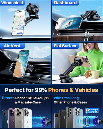 HTU for MagSafe Car Phone Mount Magnetic Phone Holder for Windshield Vent Dashboard Magnetic Suction Phone Mount for iPhone 16/15/14/13/12 & Android (Navy Blue)