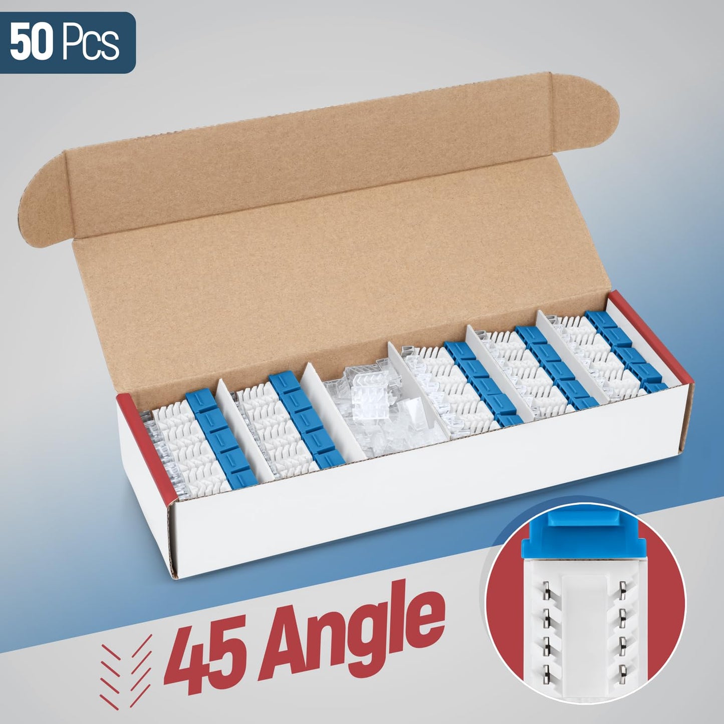 Everest 45 Degree RJ45 Cat6 Keystone Jacks Slim Profile 50-Pack Blue