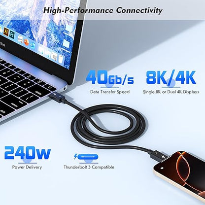 Thunderbolt 4 Cable, 2Pack 6.6FT USB C to C Cable, 240W Fast charging,40Gbps Data Transfer,Supports 8K/4K Displays, USB C charegr cord for iPhone 16 Series, MacBook Air, iPad (Thunderbolt 4-Certified)