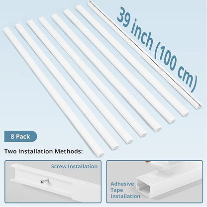 Cord Covers for Wires on Wall Extra-Long, 26.25ft TV Cord Hider Kit, Paintable Cable Management Concealer, White Cord Raceway Channel, 8 x L39in x W0.95in x H0.55in