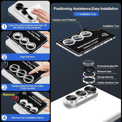for Samsung Galaxy Z Fold 7 Camera Lens Protector, Individual Metal Ring Tempered Glass Lens Cover, [Strong Adsorption] Scratch Resistant Ultra-Thin HD Clear Lens Cover, 1 Set-Colorful Sparkly