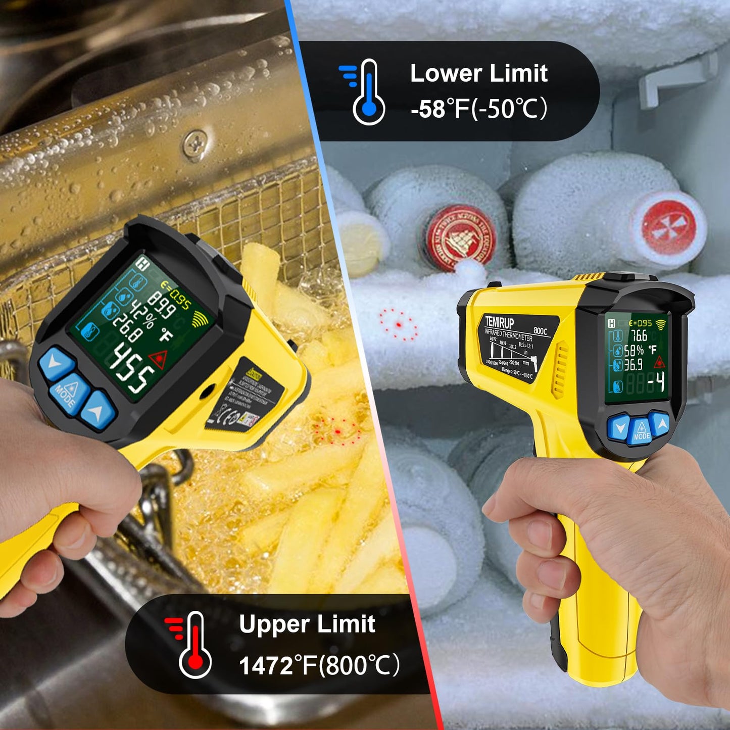 Infrared Thermometer Temperature Gun, -58°F to 1472°F, Digital Laser Thermometer Gun with Probe for Cooking, Pizza Oven, Grill & Engine, IR Thermometer Temp Gun with Adjustable Emissivity & Humidity
