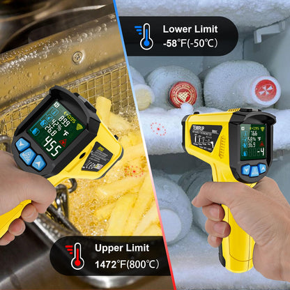 Infrared Thermometer Temperature Gun, -58°F to 1472°F, Digital Laser Thermometer Gun with Probe for Cooking, Pizza Oven, Grill & Engine, IR Thermometer Temp Gun with Adjustable Emissivity & Humidity