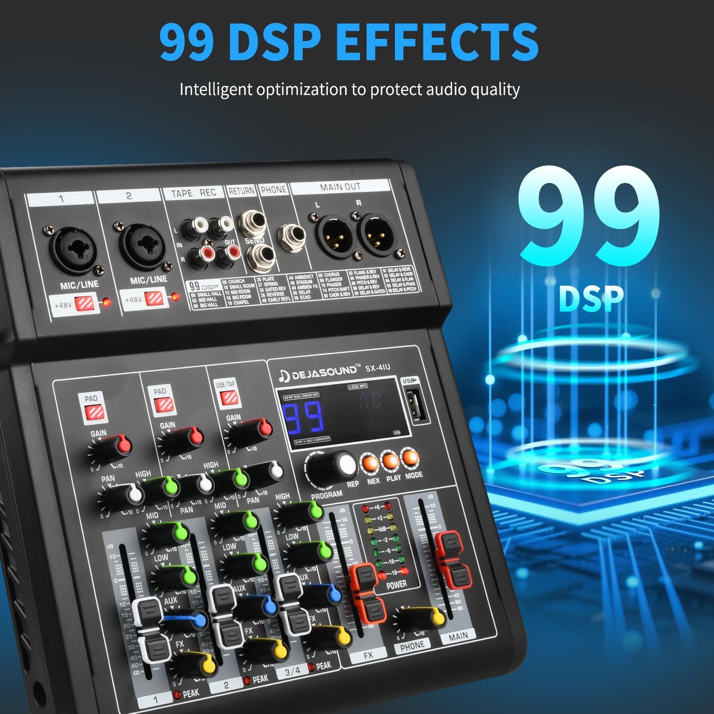 4-Channel Audio Mixer for PC, SX-4iu Mixing Console with XLR Inputs, Bluetooth, 99 Digital Signal Processor Effects, USB Interface, MP3 Compatible for Podcast, Music, Recording 9.84"x2.17"x9.84"inches