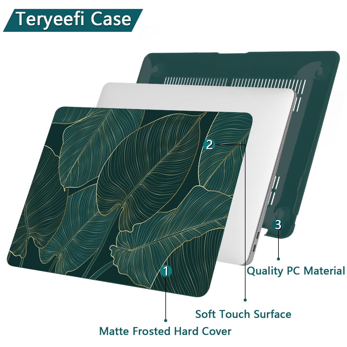 Teryeefi for MacBook Pro 13 inch Case M2 M1 2022 2020 2019-2016 Model A2338 A2289 A2251 A2159 A1989 A1706 with Touch Bar, Hard Shell Case & Keyboard Cover & Screen Protector, Green Leaf