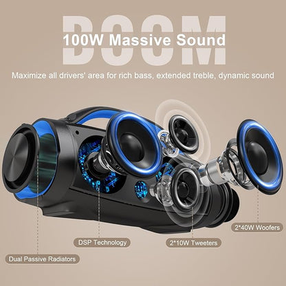 DOSS Extreme Boom Pro Loud Bluetooth Speaker with 100W Stereo Sound, Extra Bass, 20H Playtime, Party-Sync Led Lights, Built-in Power Bank, IPX6 Waterproof for Outdoor, Camping, Travel-Blue