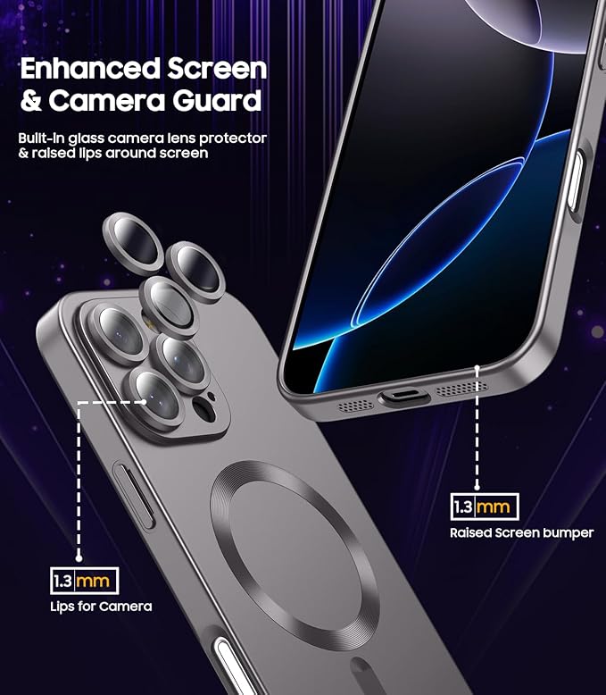 Magnetic for iPhone 16 Pro Max Case [Compatible with MagSafe][Built-in Camera Lens Protector] Slim Soft Silicone Bumper Shockproof Metallic Phone Shell (Titanium Gray)