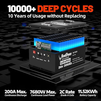 36V 300Ah Golf Cart Lithium LiFePO4 Battery with Charger and 200A BMS Grade A Cells Deep Cycle Rechargeable Battery,10000+ Cycles,Perfect for Golf Cart,Off Grid Applications (36V 300Ah-GC)
