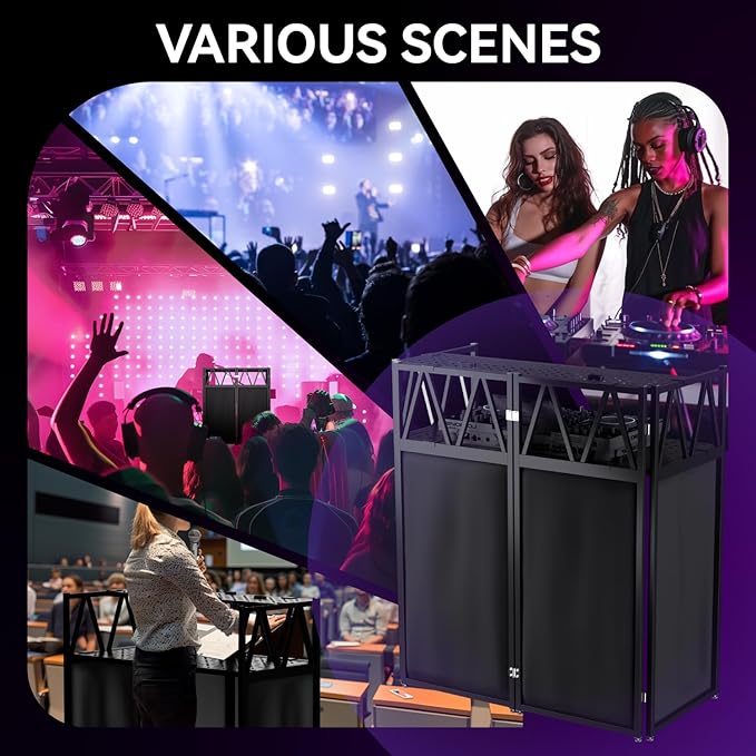Portable DJ Booth Table,Foldable DJ Table Stand Portable with White & Black Scrim,Adjustable DJ Facade Table Station Metal Frame DJ Table with Cable Hole for Private Events, Clubs, Bars (Upgrade)